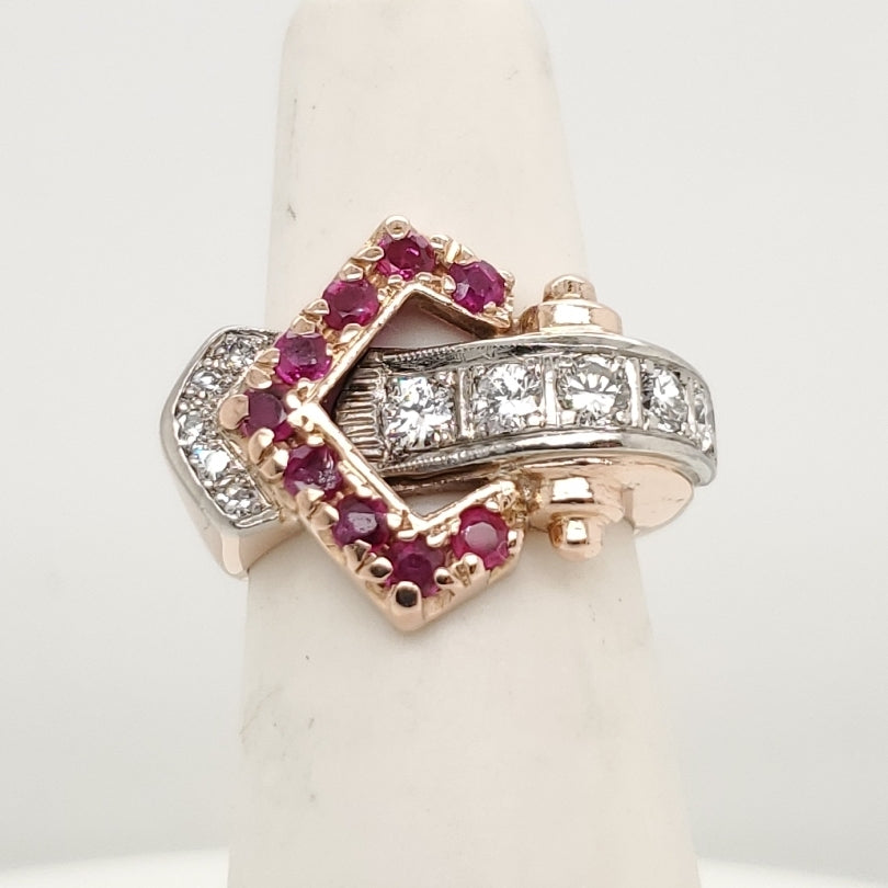 1940S Retro 14Kt Rose Gold Platinum Diamond And Ruby Ring