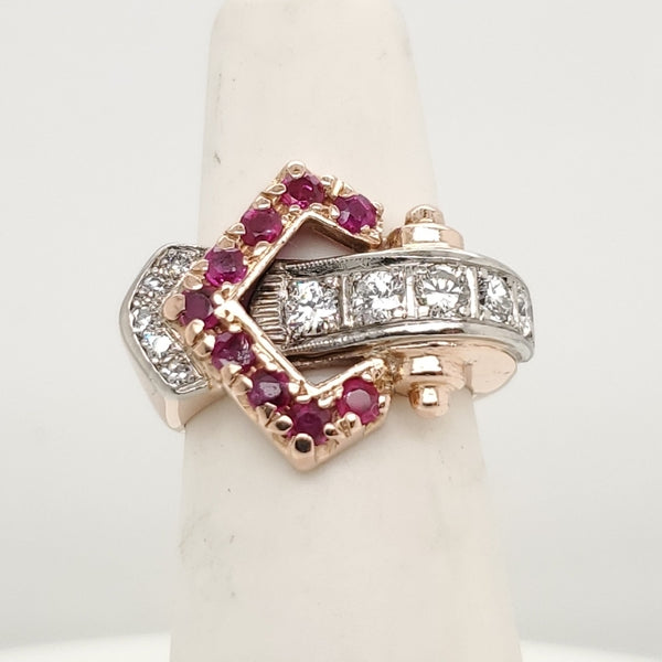 1940S Retro 14Kt Rose Gold Platinum Diamond And Ruby Ring