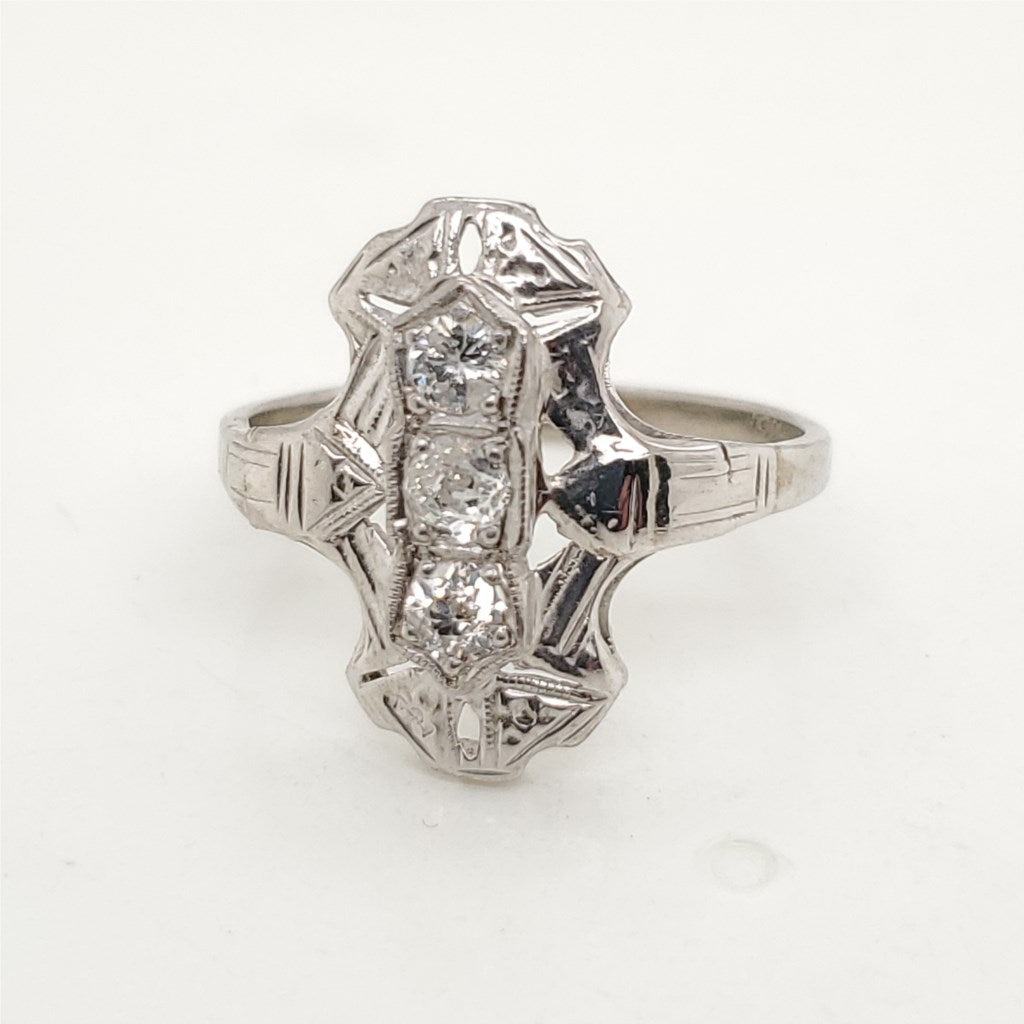 Art Deco 14kt White Gold filigree Diamond Dinner Ring