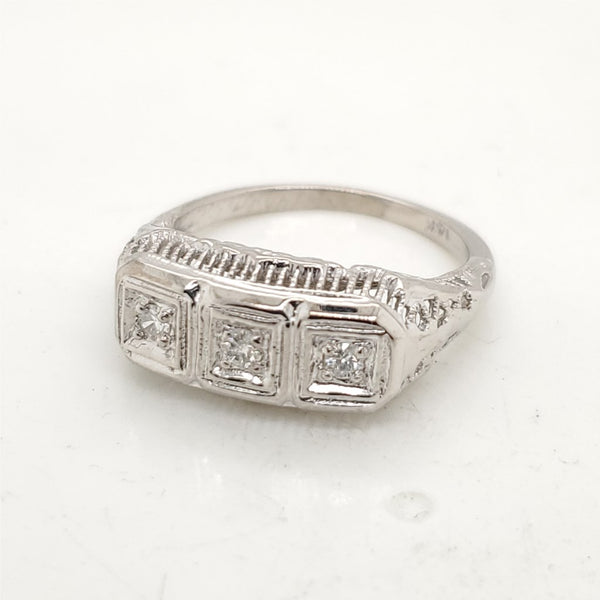 14Kt White Gold Art Deco Three Stone Diamond Ring