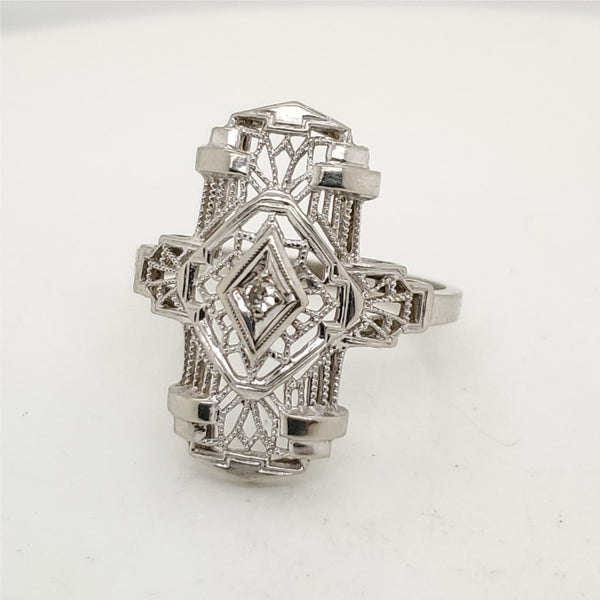 Art Deco 14kt White Gold filigree Diamond Dinner Ring