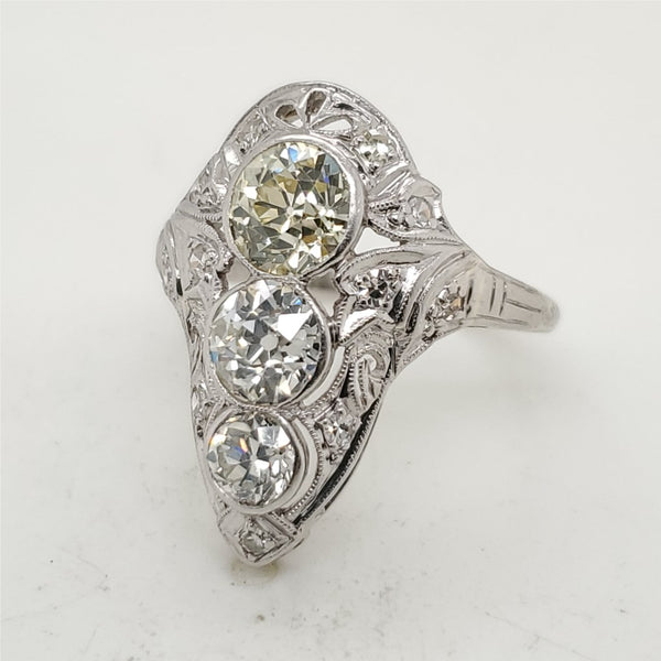 Art Deco Platinum Filigree Three Diamond Ring