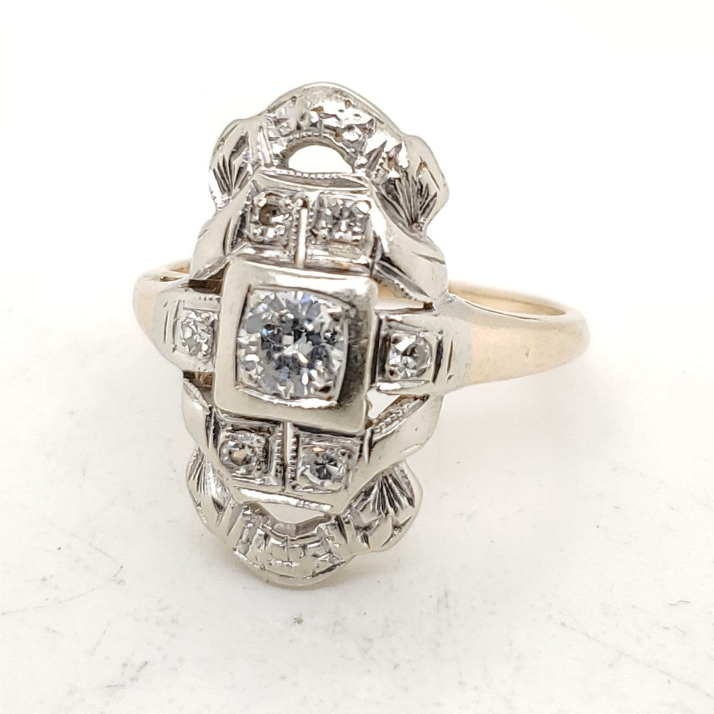 Vintage 14kt Yellow and White Gold Filigree Diamond Dinner Ring