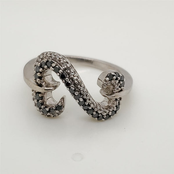 14kt White Gold Black and White Diamond Open Heart Ring