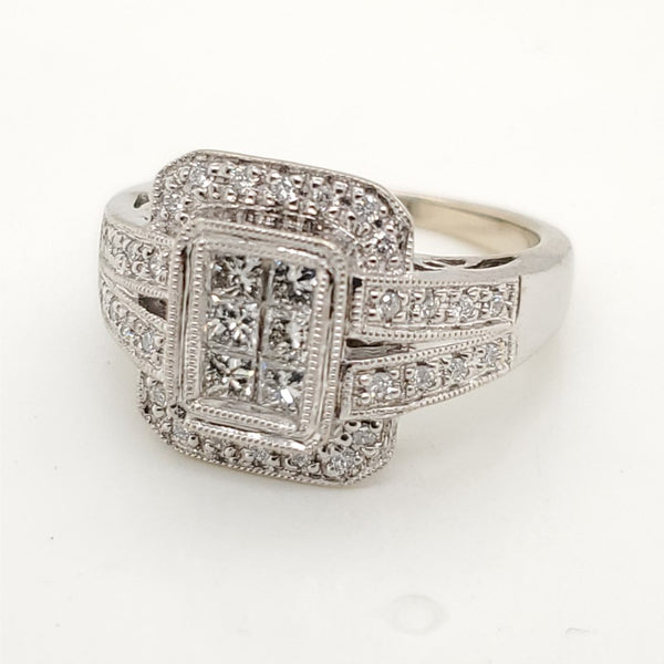 14Kt White Gold Princess And Round Brilliant Cut Diamond Ring