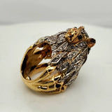 Vintage 18kt Yellow Gold Diamond and Emerald Lion Ring
