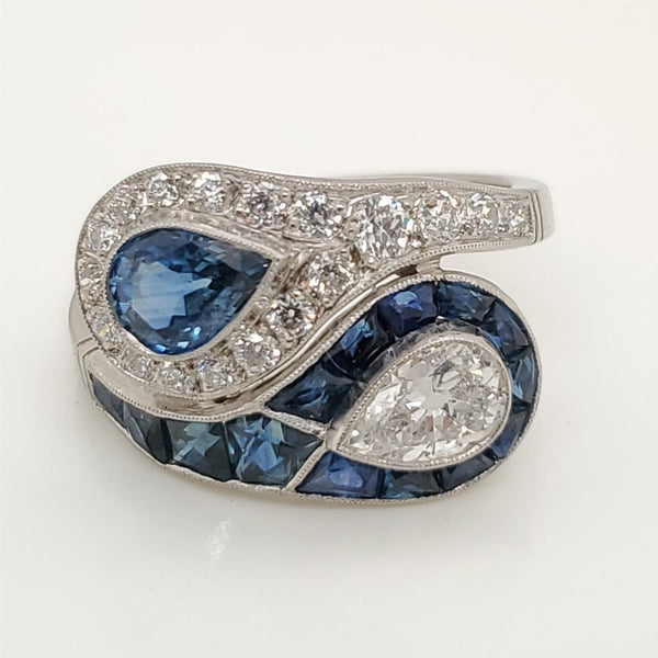 Modern Art Deco Style Platinum Diamond and Sapphire Yin and Yang Ring