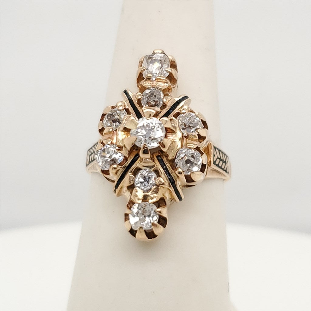 Vintage 14Kt Yellow Gold Diamond And Black Enamel Ring