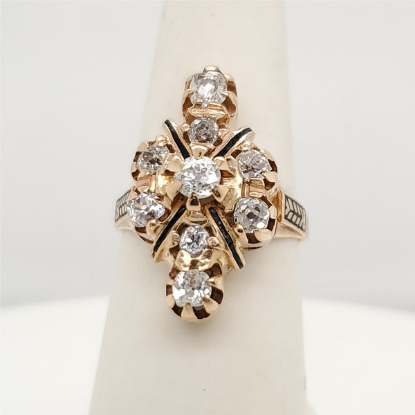 Vintage 14Kt Yellow Gold Diamond And Black Enamel Ring