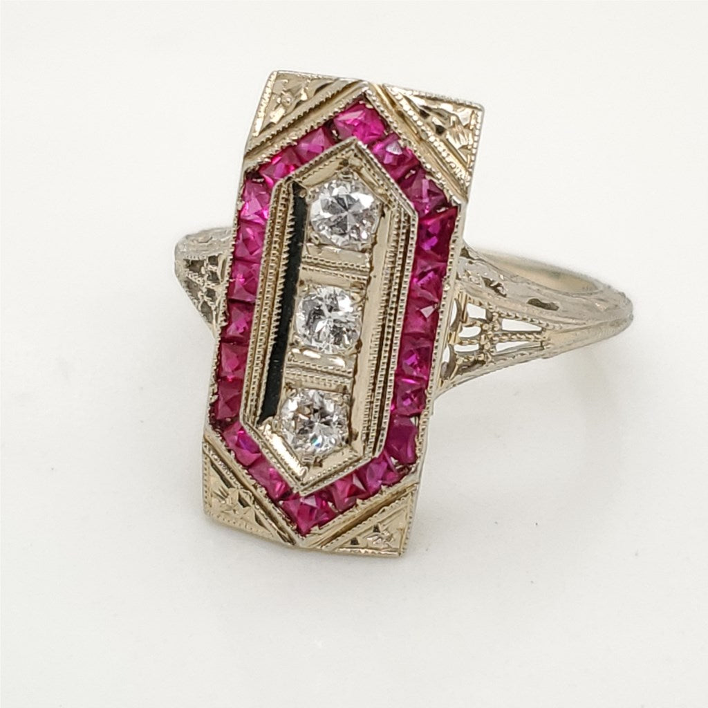 Art Deco 18kt White Gold Ruby and Diamond Ring