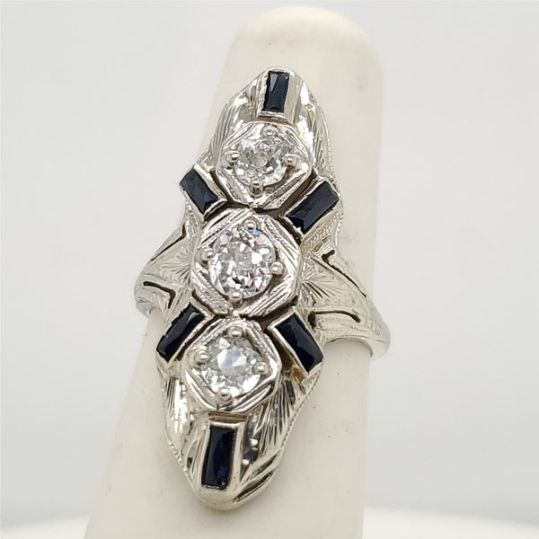 Art Deco 18Kt White Gold Diamond And Sapphire Filigree Dinner Ring