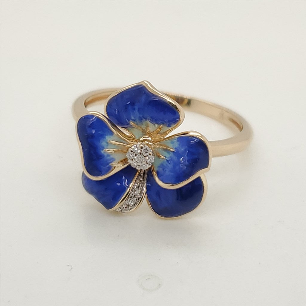 14kt Yellow Gold Enamel and Diamond Pansy Ring