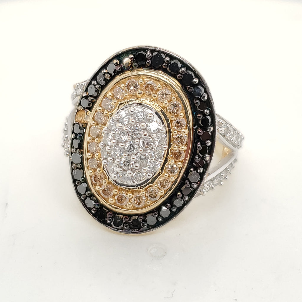 14kt Yellow Gold Black White and Yellow Diamond Oval Shaped Ring