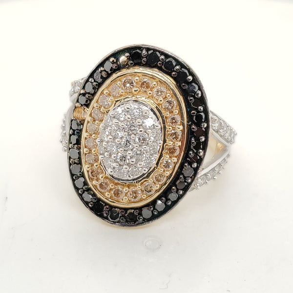 14kt Yellow Gold Black White and Yellow Diamond Oval Shaped Ring