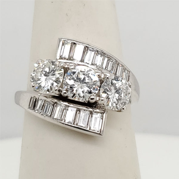 Vintage Platinum Round and Baguette Cut Diamond Bypass Ring