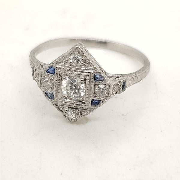 Art Deco Platinum Diamond and Sapphire Ring