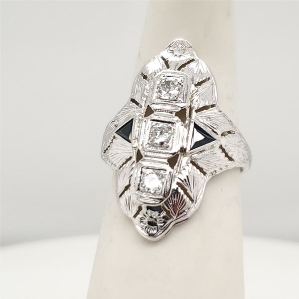 Art Deco 18kt White Gold Diamond and Sapphire Dinner Ring