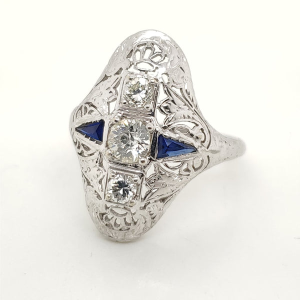 Art Deco 14kt White Gold Diamond and Sapphire Dinner Ring