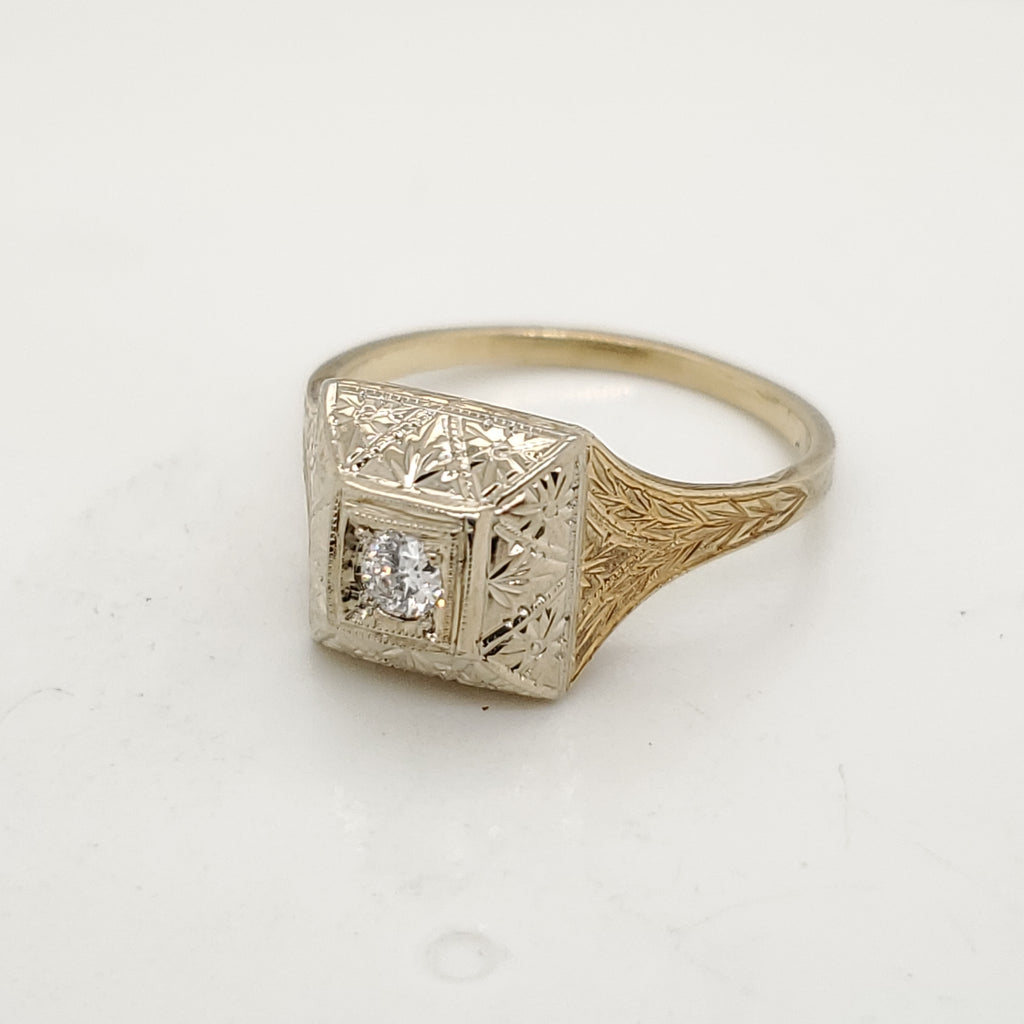 Art Deco 14kt Yellow and White Gold Diamond Filigree Ring