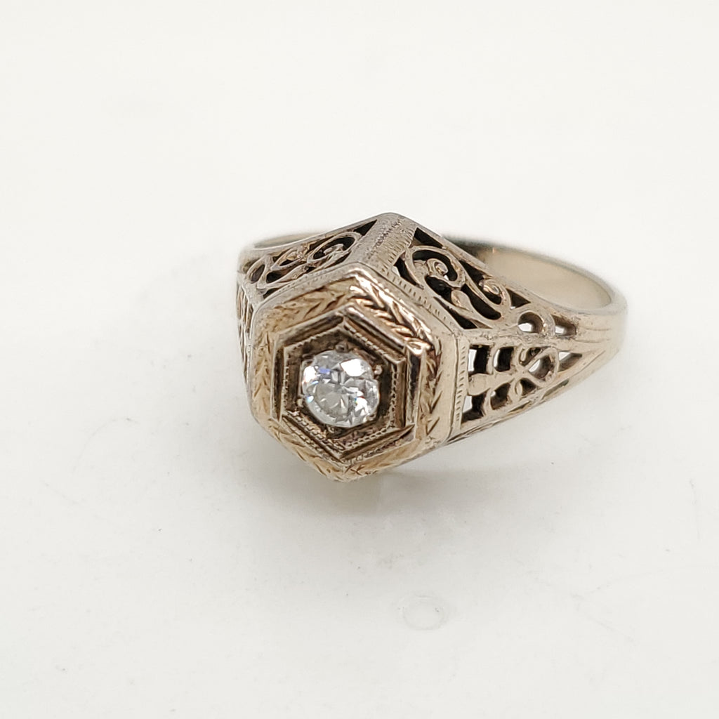 Art Deco 14kt White Gold Diamond Filigree Ring