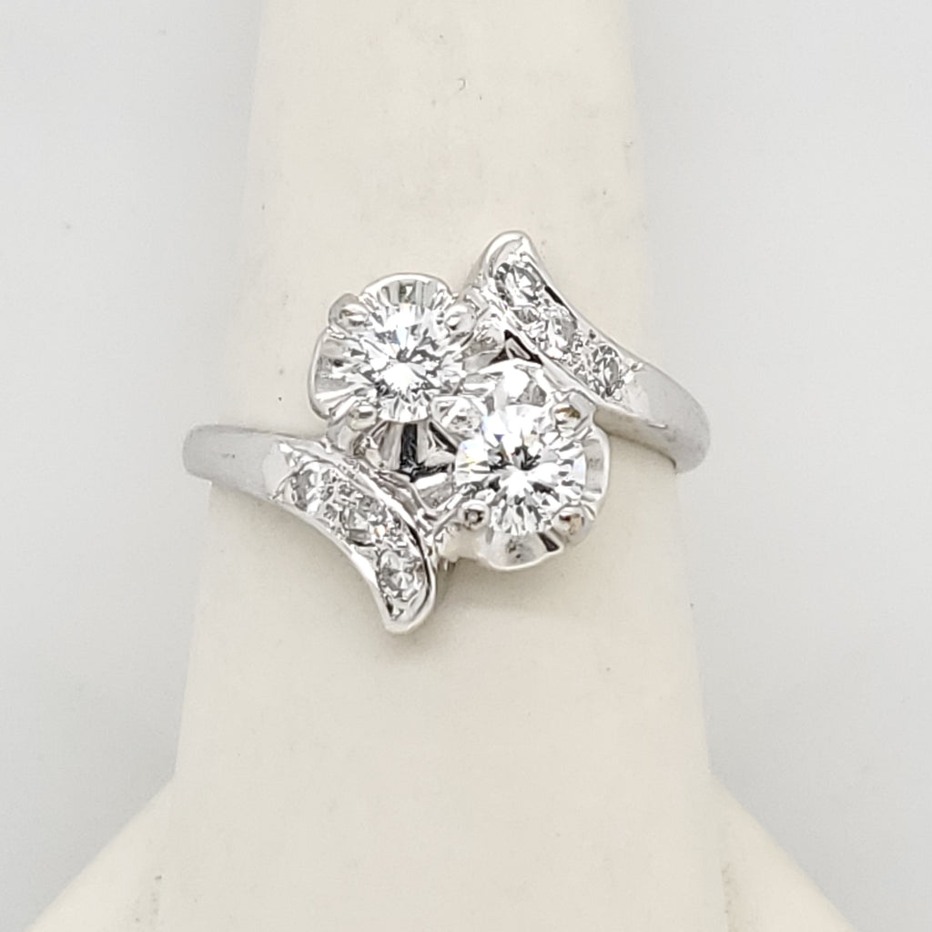1950S Retro 14kt White gold and Diamond Toi et Moi Bypass Ring