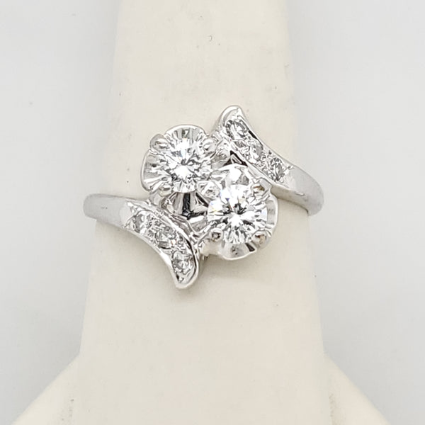 1950S Retro 14kt White gold and Diamond Toi et Moi Bypass Ring