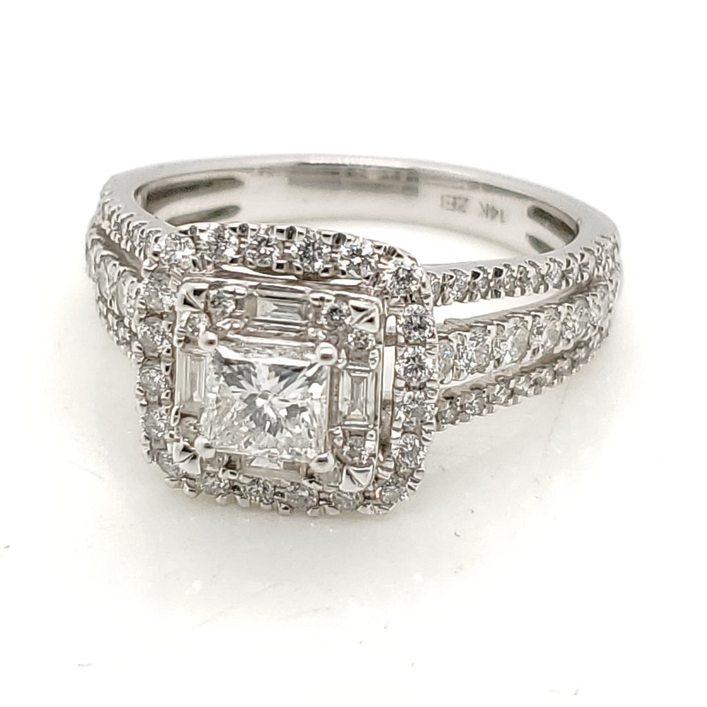 14kt white Gold Princess Baguette and Round Diamond Ring