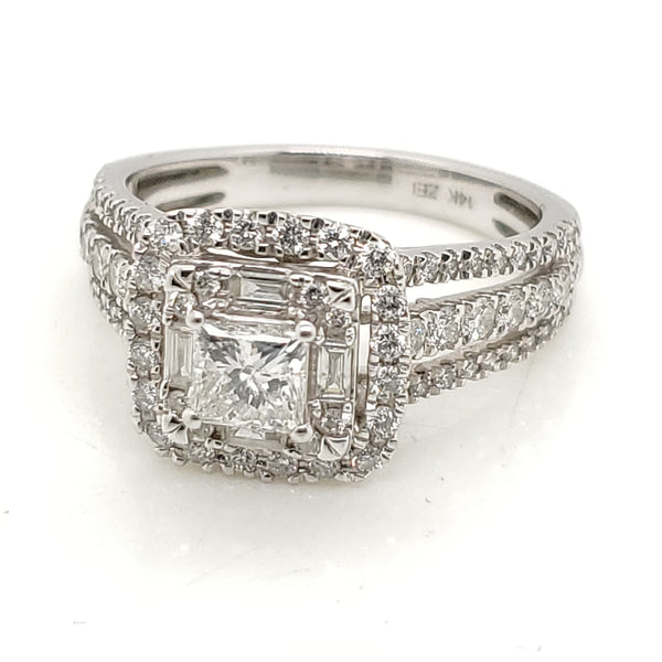 14kt white Gold Princess Baguette and Round Diamond Ring