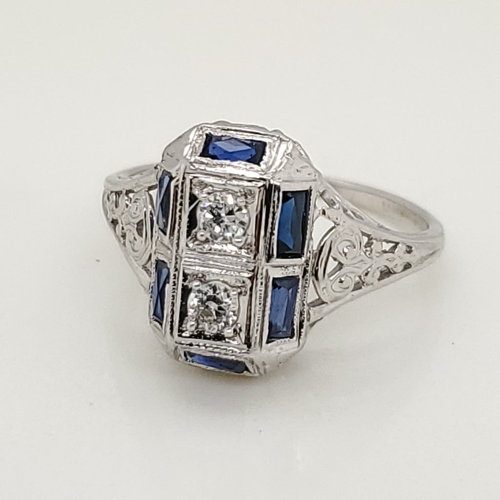 Art Deco 18kt White Gold Diamond and Sapphire Dinner Ring