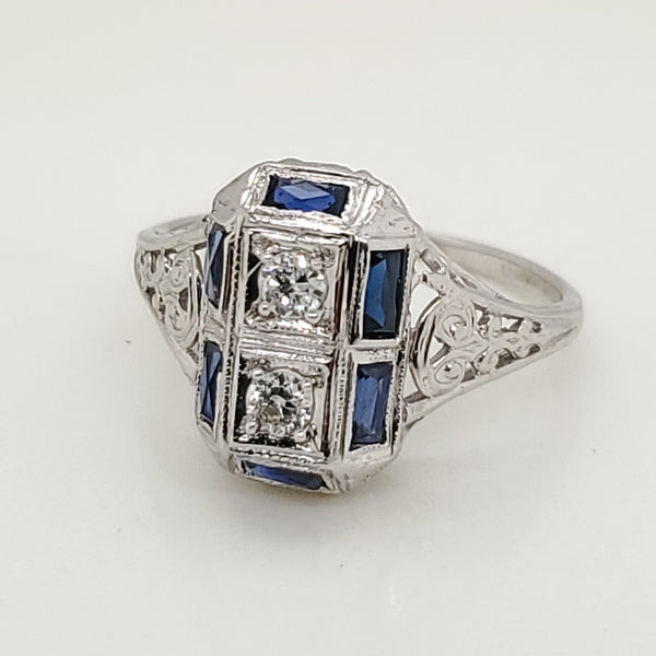 Art Deco 18kt White Gold Diamond and Sapphire Dinner Ring