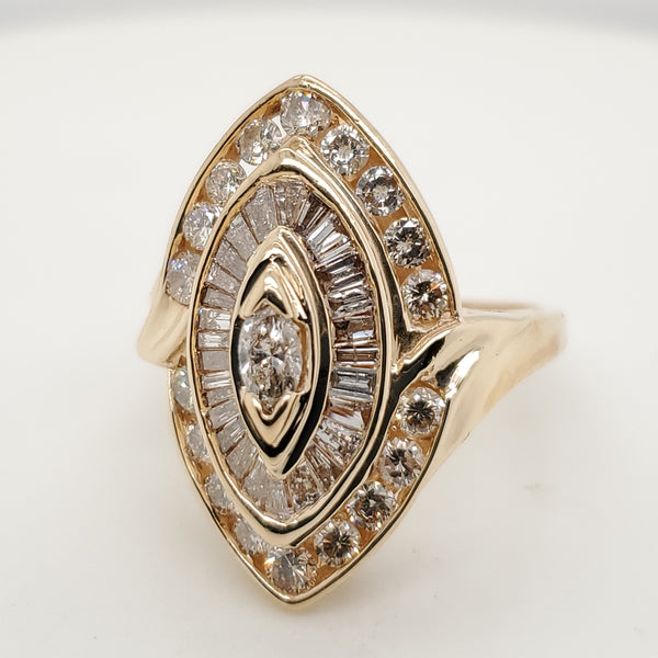 14kt Yellow Gold Marquise Round and Baguette Diamond Ring