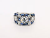 Vintage Platinum Ring with Brilliant Round Diamonds and Blue Sapphires
