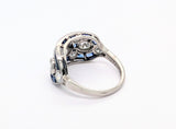 Vintage Platinum Ring with Brilliant Round Diamonds and Blue Sapphires
