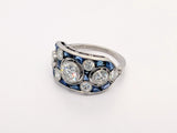 Vintage Platinum Ring with Brilliant Round Diamonds and Blue Sapphires