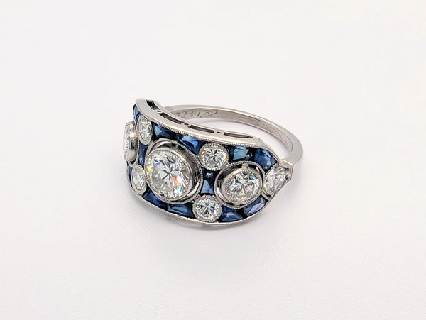 Vintage Platinum Ring with Brilliant Round Diamonds and Blue Sapphires