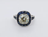 Platinum Old European Diamond and Sapphire Ring