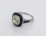 Platinum Old European Diamond and Sapphire Ring