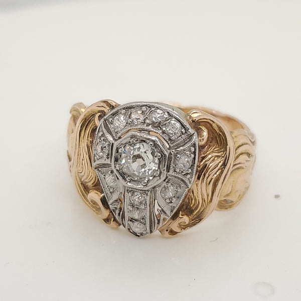 Antique Art Nouveau 14kt Yellow Gold and Platinum Diamond Ring
