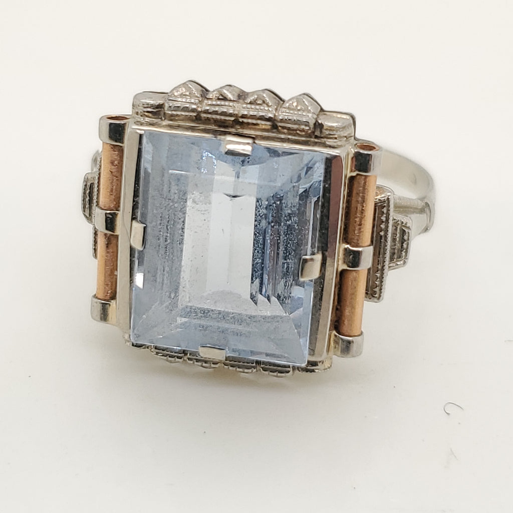 Art Deco 14kt White and Yellow Gold Blue Spinel Ring