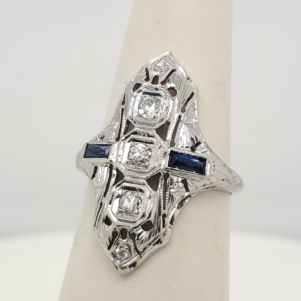 Art Deco 14kt White Gold Diamond and Sapphire Dinner Ring