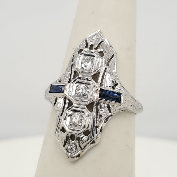 Art Deco 14kt White Gold Diamond and Sapphire Dinner Ring