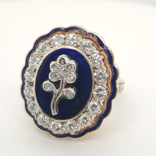 Vintage 14kt Yellow Gold Diamond And Enamel Ring