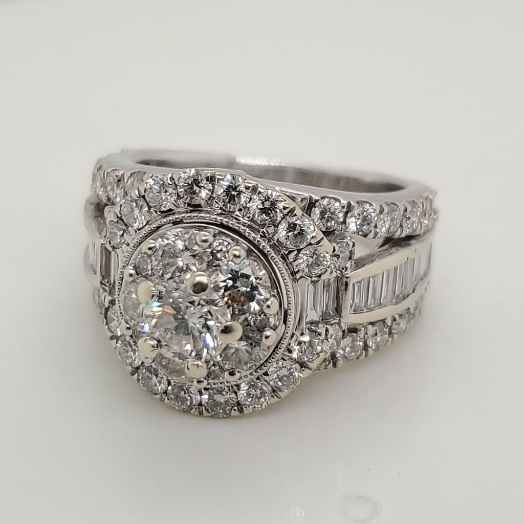 14kt White Gold Round and Baguette Cut Diamond Ring