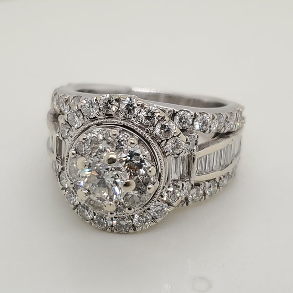 14kt White Gold Round and Baguette Cut Diamond Ring
