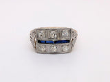 Vintage 18K Yellow Gold and Platinum Vintage Old Mine Cut Diamond and Sapphire Ring