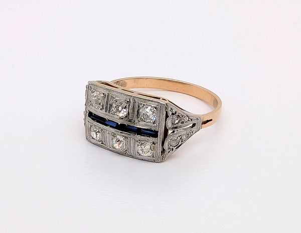 Vintage 18K Yellow Gold and Platinum Vintage Old Mine Cut Diamond and Sapphire Ring