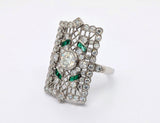 Platinum Vintage-Inspired Diamond and Emerald Window Ring