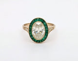 18K Yellow Gold Diamond Ring with Emerald Halo