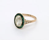 18K Yellow Gold Diamond Ring with Emerald Halo