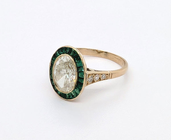 18K Yellow Gold Diamond Ring with Emerald Halo